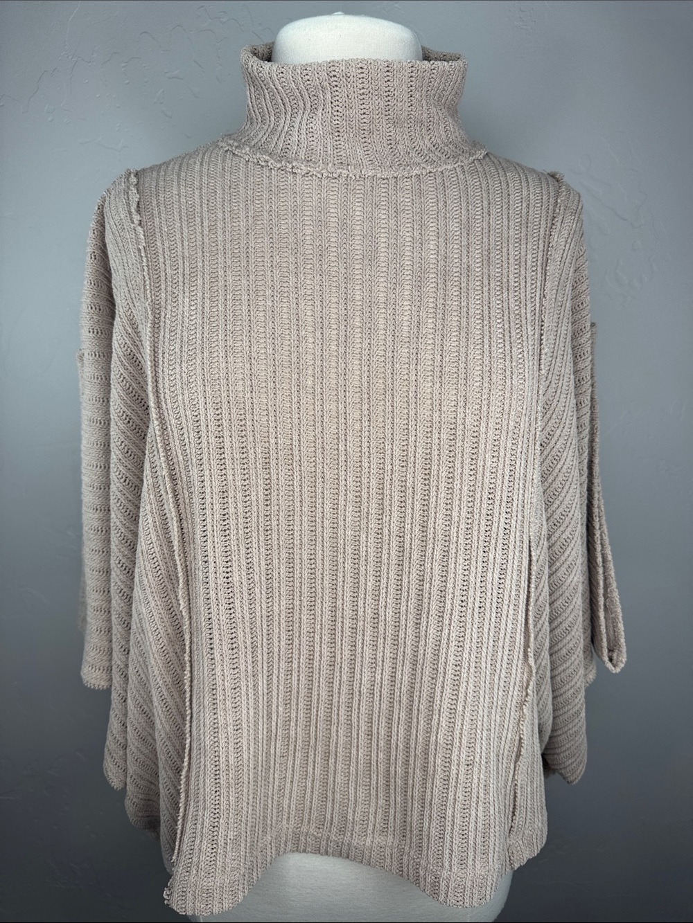 Free People FB Beach East End Turtleneck Knit Poncho Sweater Oversized Beige